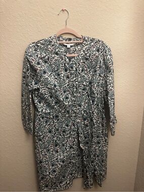 Southern Tide Cream Long Sleeve Dress with Blue Green Leaf Print